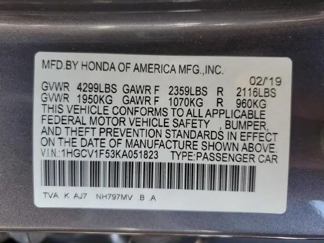 2019 HONDA ACCORD EXL