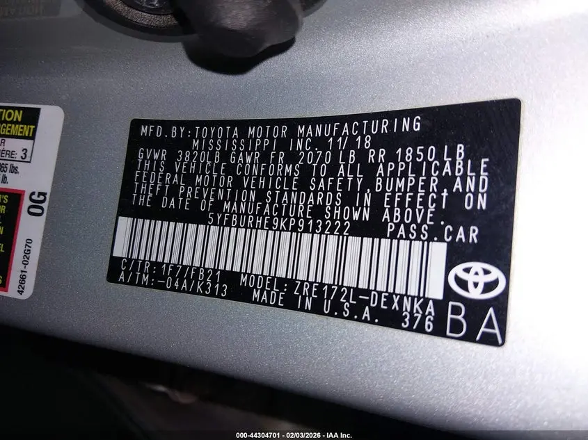 2019 TOYOTA COROLLA LE