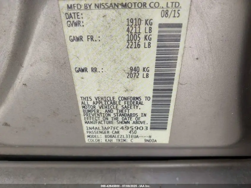 2015 NISSAN ALTIMA 2.5 S