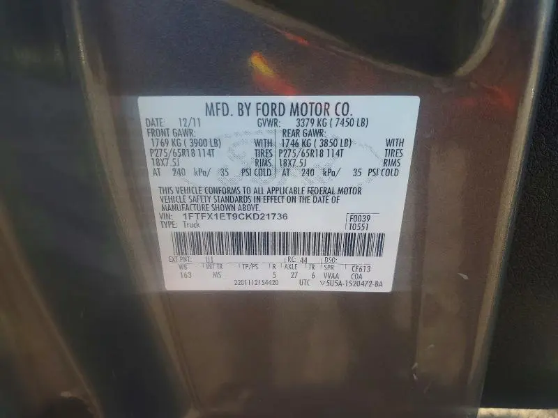 2012 FORD F150 SUPER CAB  
