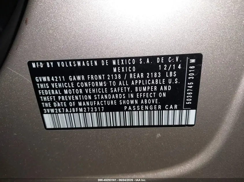 2015 VOLKSWAGEN JETTA 2.0L S
