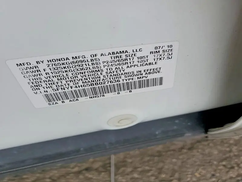 2011 HONDA PILOT EXL  