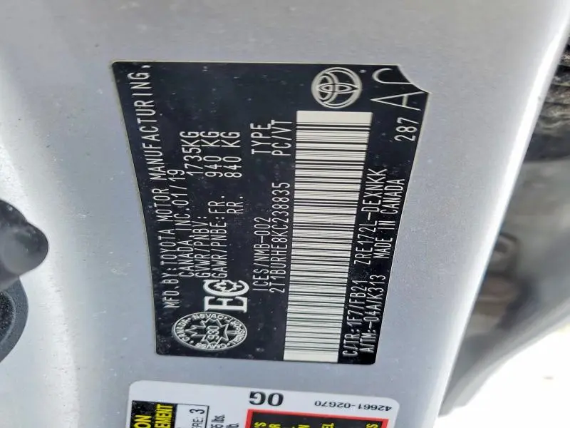 2019 TOYOTA COROLLA L  