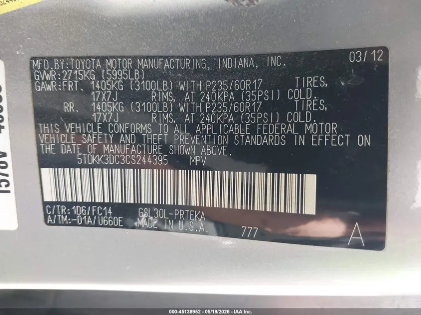 2012 TOYOTA SIENNA LE V6 8 PASSENGER