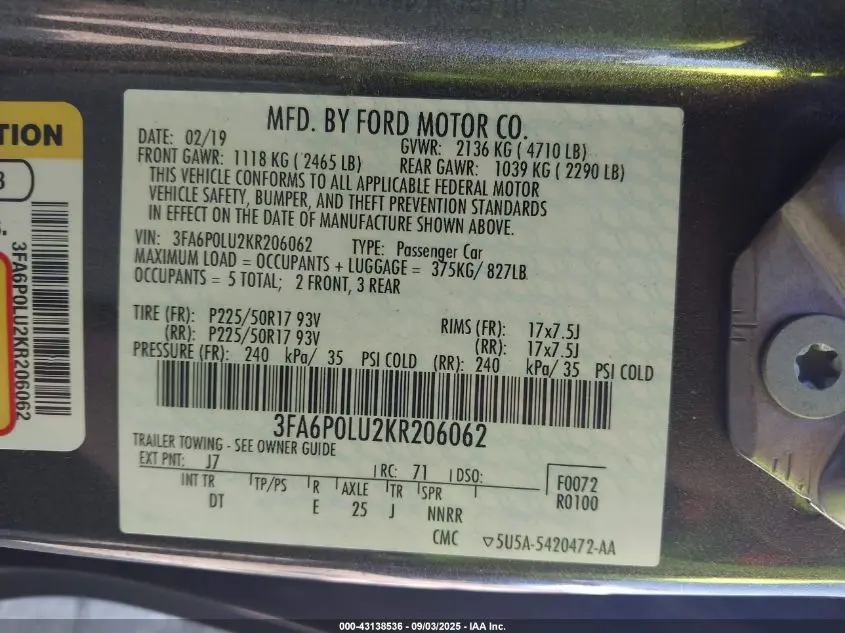 2019 FORD FUSION HYBRID SE