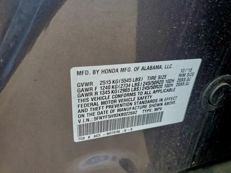 2019 HONDA PILOT TOURING  