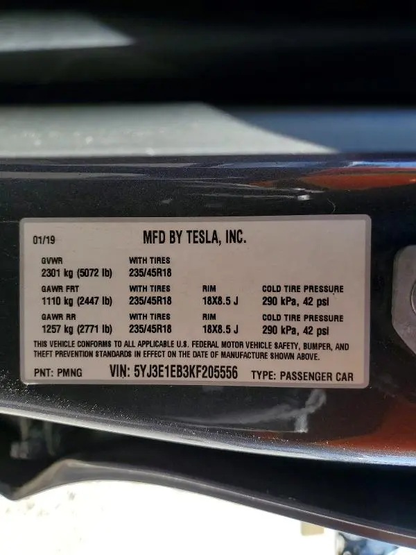 2019 TESLA MODEL 3   