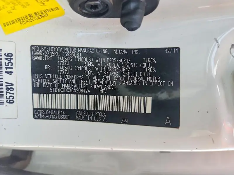 2012 TOYOTA SIENNA XLE 8-PASSENGER  