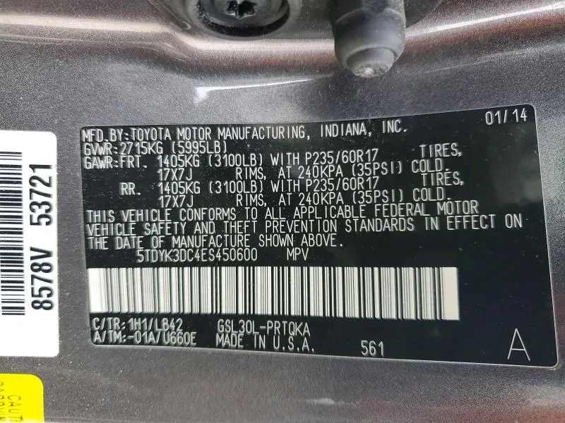 2014 TOYOTA SIENNA XLE 8-PASSENGER  