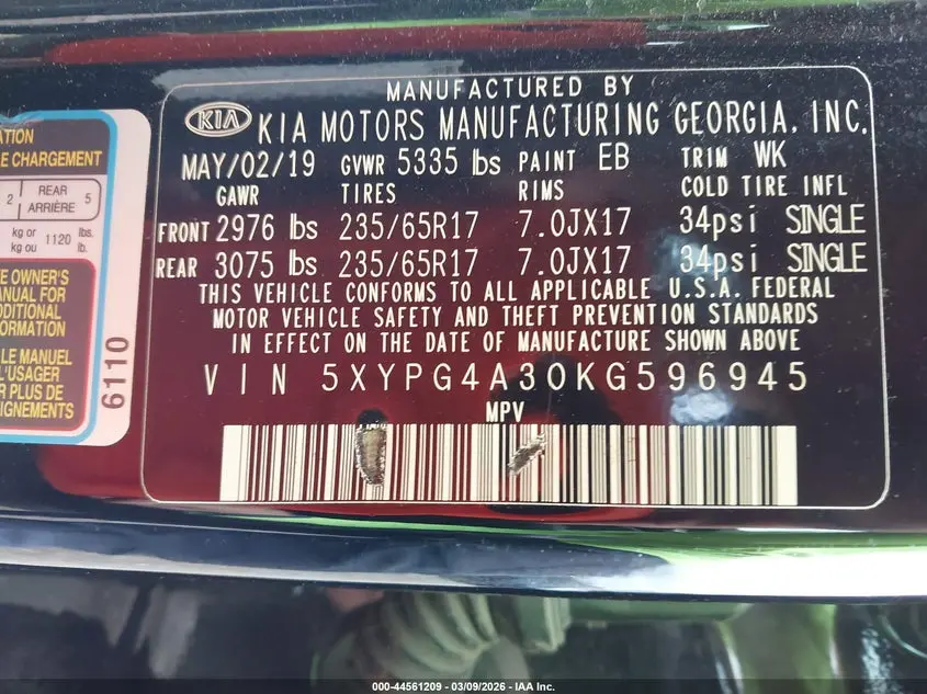 2019 KIA SORENTO 2.4L L