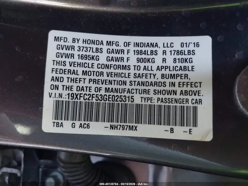 2016 HONDA CIVIC LX
