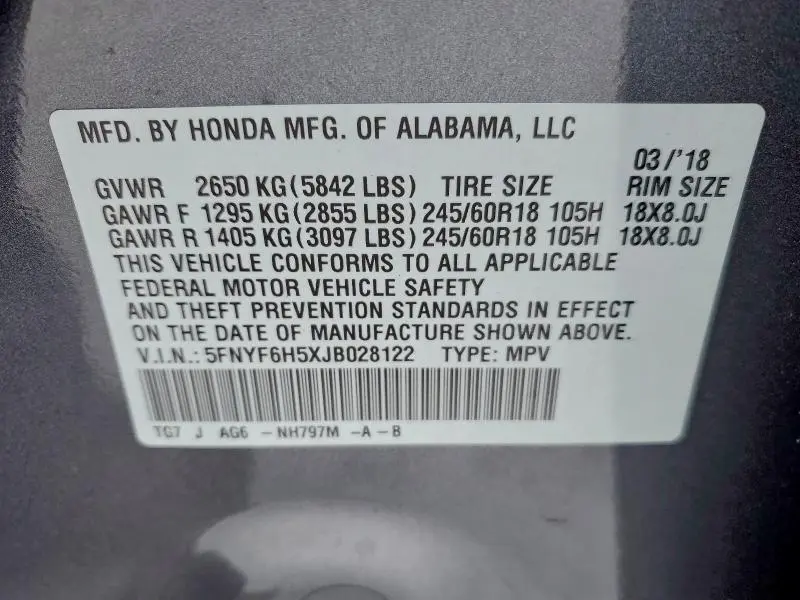 2018 HONDA PILOT EXL  