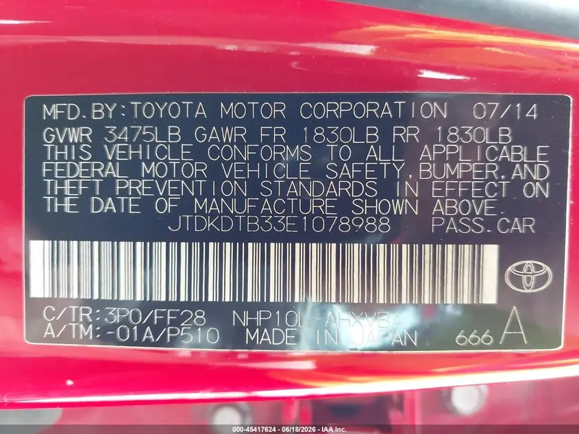 2014 TOYOTA PRIUS C TWO