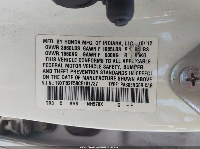 2012 HONDA CIVIC LX