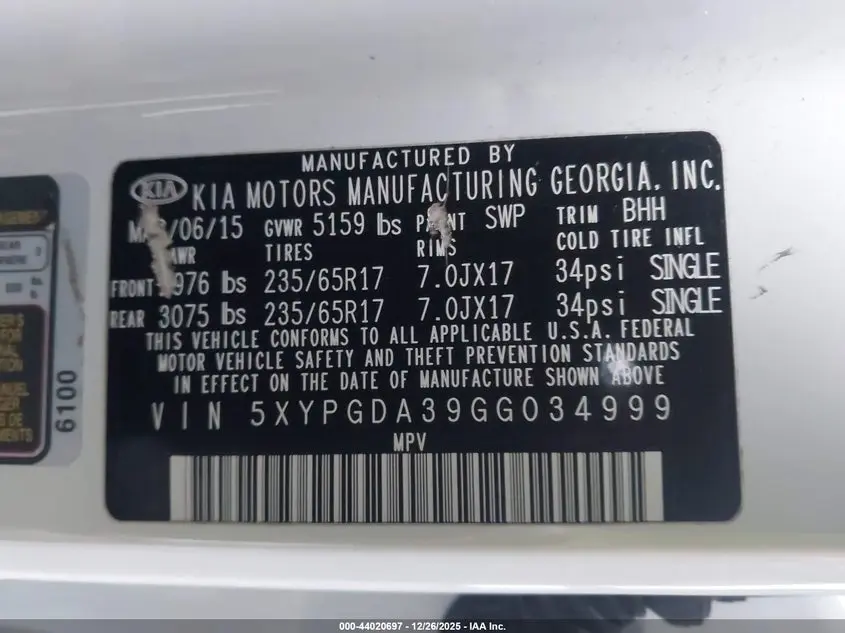 2016 KIA SORENTO 2.4L LX