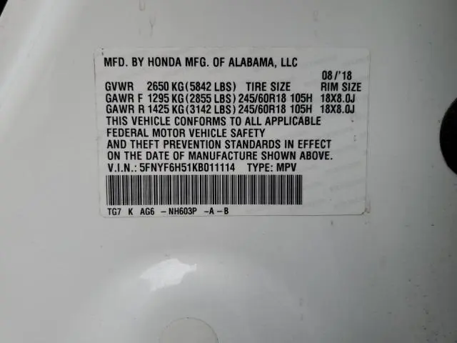 2019 HONDA PILOT EXL  