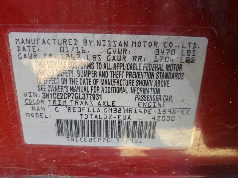 2016 NISSAN VERSA NOTE SV  