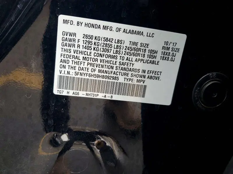 2017 HONDA PILOT EXL  