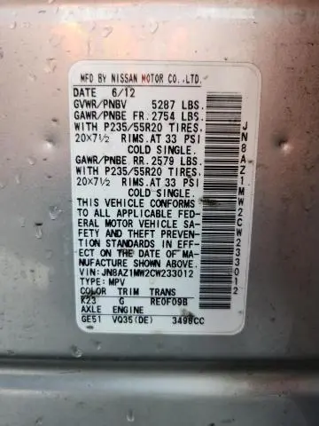 2012 NISSAN MURANO S  