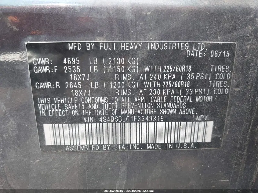 2015 SUBARU OUTBACK 2.5I LIMITED