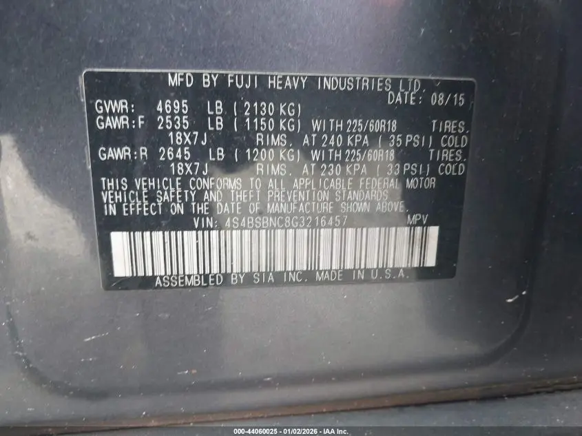 2016 SUBARU OUTBACK 2.5I LIMITED