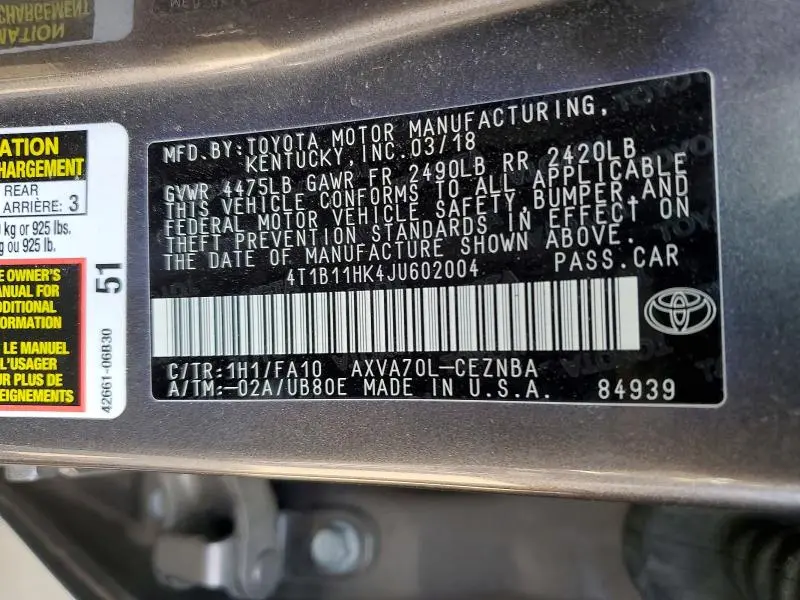 2018 TOYOTA CAMRY LE  