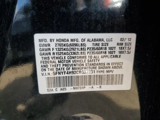 2012 HONDA PILOT TOURING  