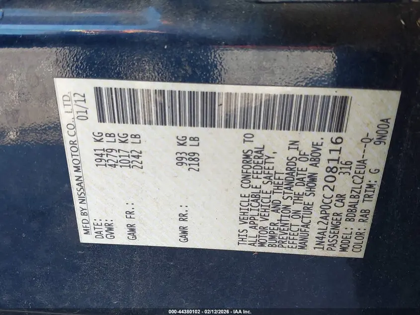 2012 NISSAN ALTIMA 2.5 S