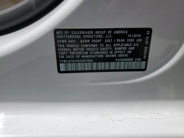 2019 VOLKSWAGEN PASSAT WOLFSBURG  