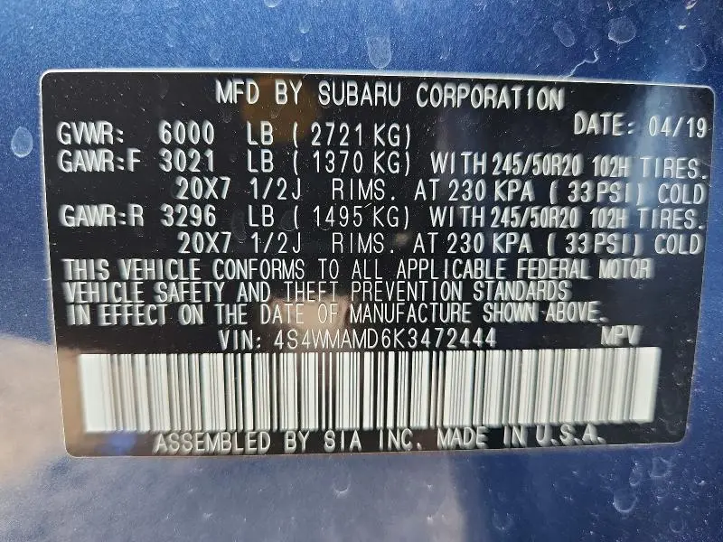 2019 SUBARU ASCENT LIMITED  