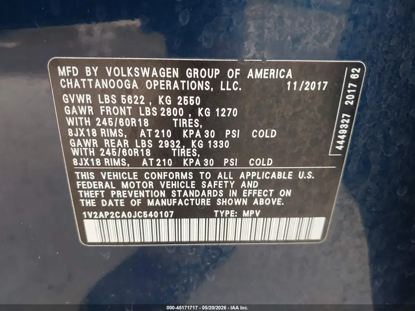2018 VOLKSWAGEN ATLAS 2.0T S