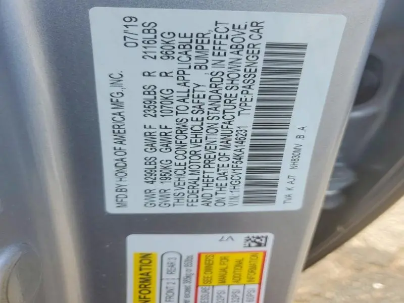 2019 HONDA ACCORD EXL  