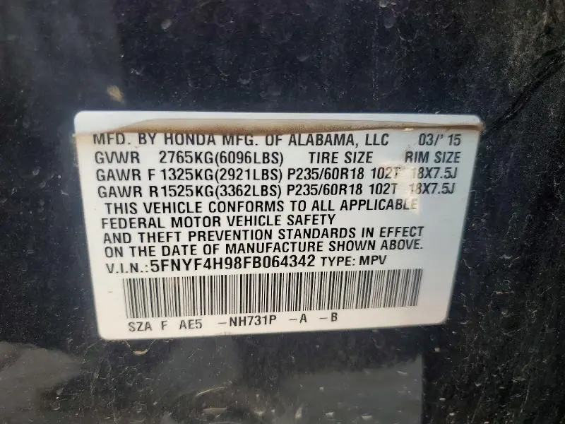 2015 HONDA PILOT TOURING  