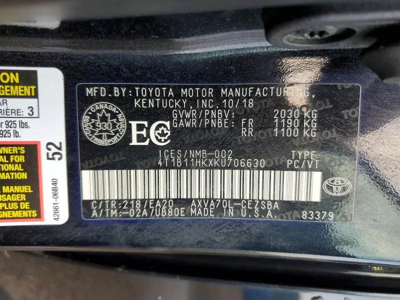 2019 TOYOTA CAMRY   