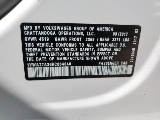 2017 VOLKSWAGEN PASSAT S  