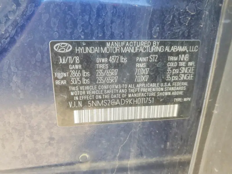 2019 HYUNDAI SANTA FE SE 2.4L  