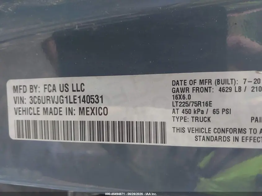 2020 RAM PROMASTER 3500 CARGO VAN HIGH ROOF 159 WB EXT