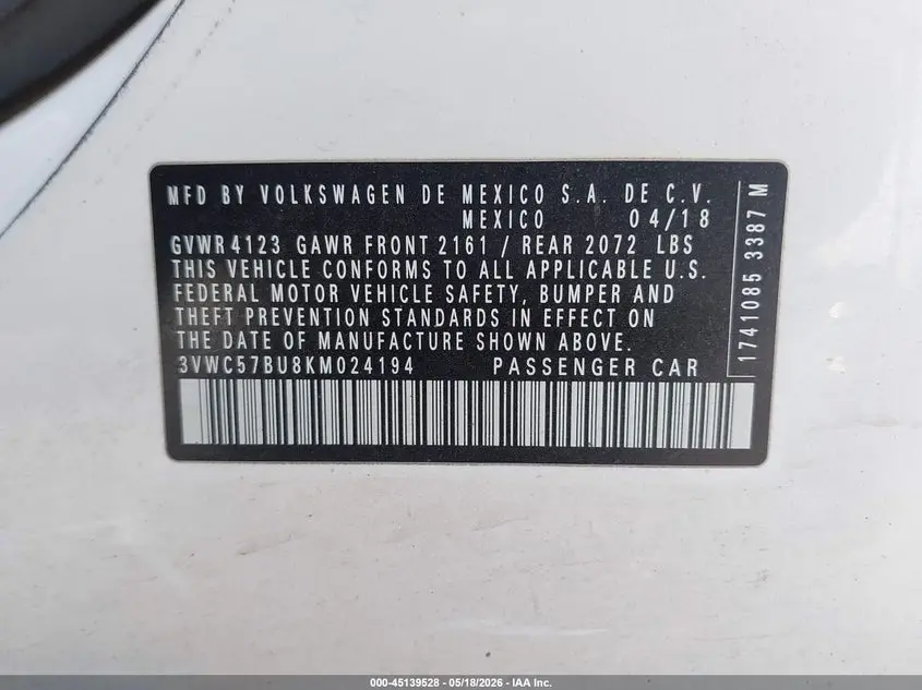 2019 VOLKSWAGEN JETTA 1.4T R-LINE/1.4T S/1.4T SE