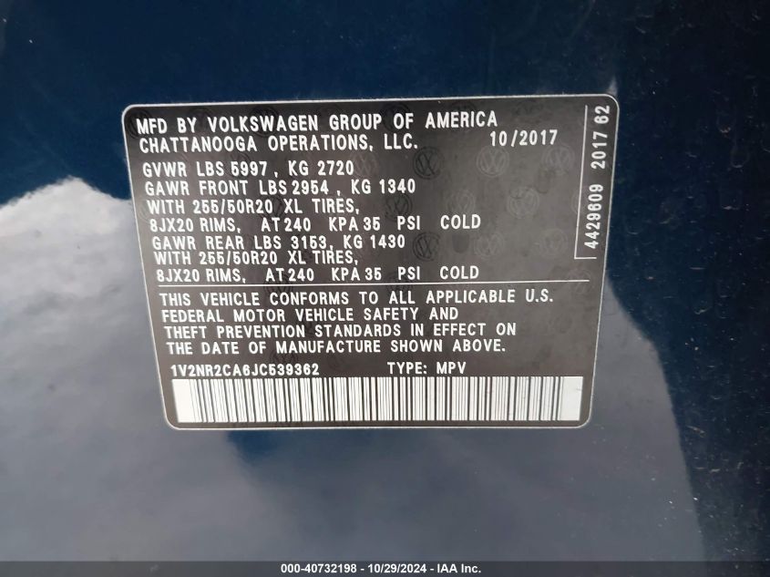 2018 VOLKSWAGEN ATLAS 3.6L V6 SEL PREMIUM