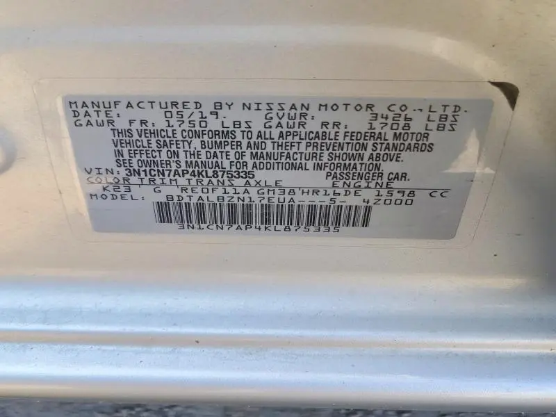 2019 NISSAN VERSA SV  