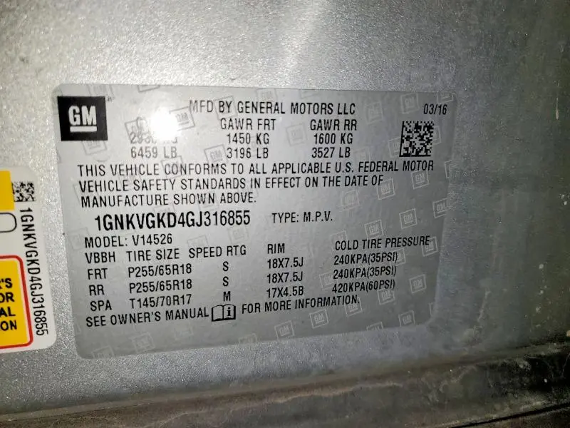 2016 CHEVROLET TRAVERSE LT  