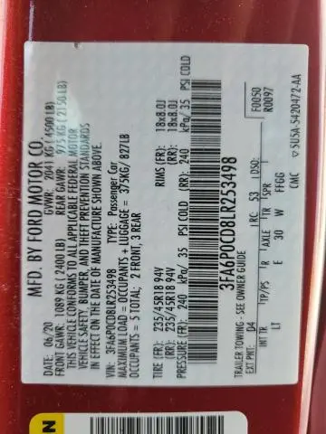 2020 FORD FUSION SEL  