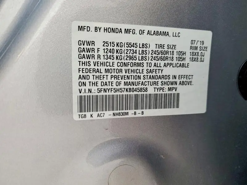 2019 HONDA PILOT EXL  