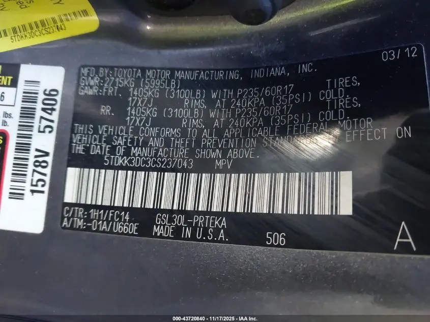 2012 TOYOTA SIENNA LE V6 8 PASSENGER