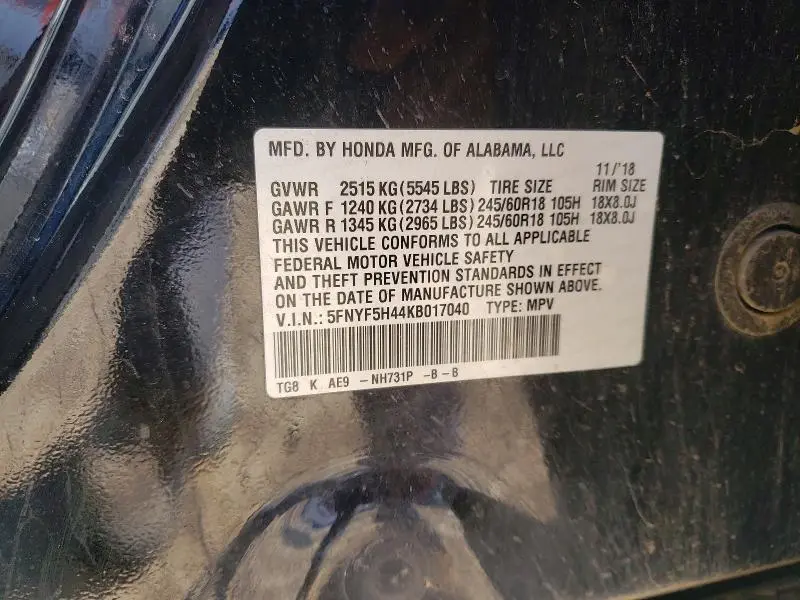 2019 HONDA PILOT EXL  